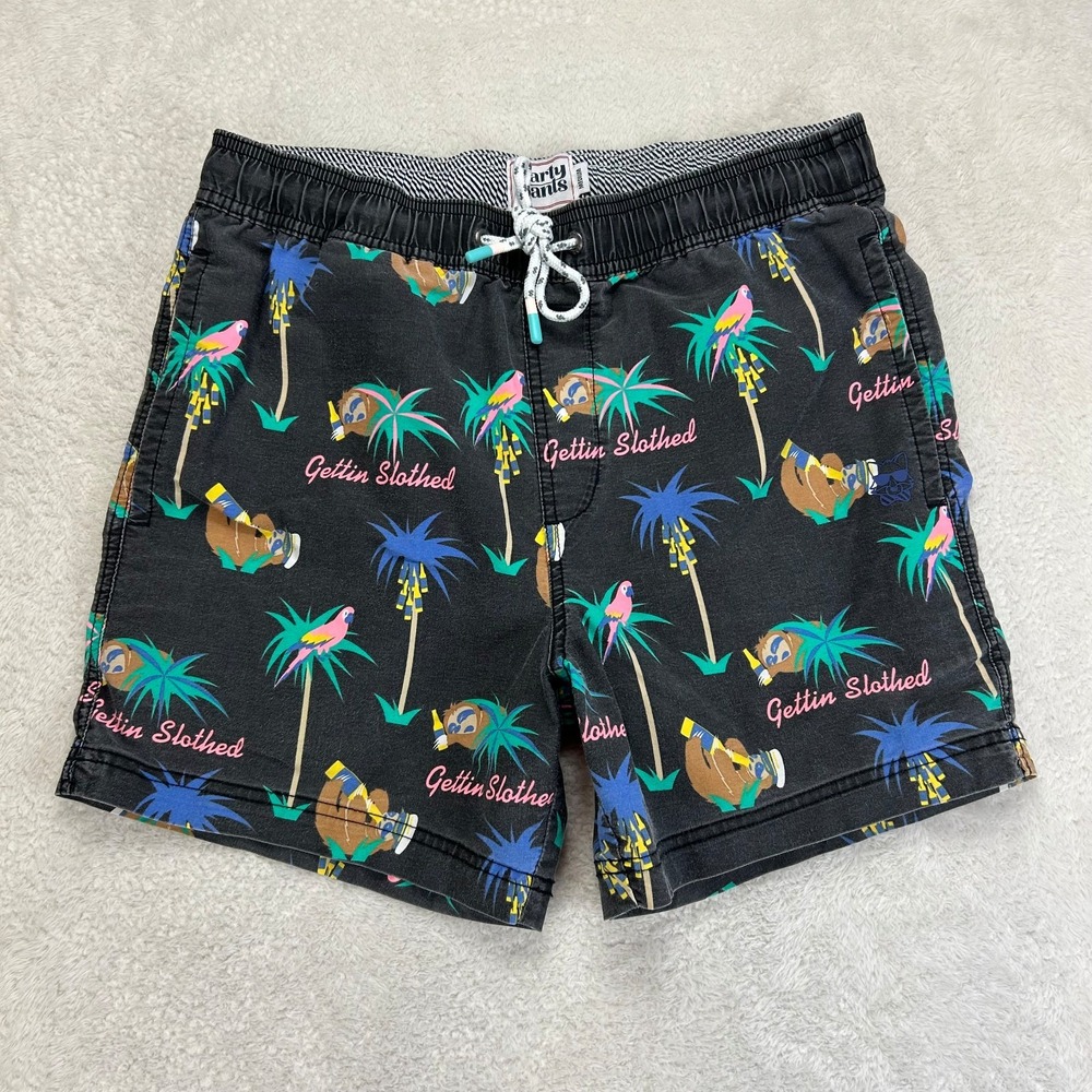Party Pants Gettin Slothed Swim Trunks Shorts Mens M Black Palm Tree Graphic